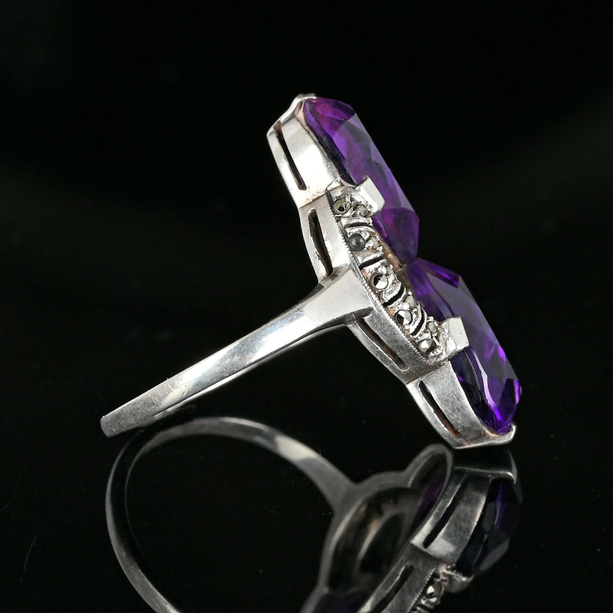 Fine 935 Silver Marcasite Pear Cut Amethyst Ring