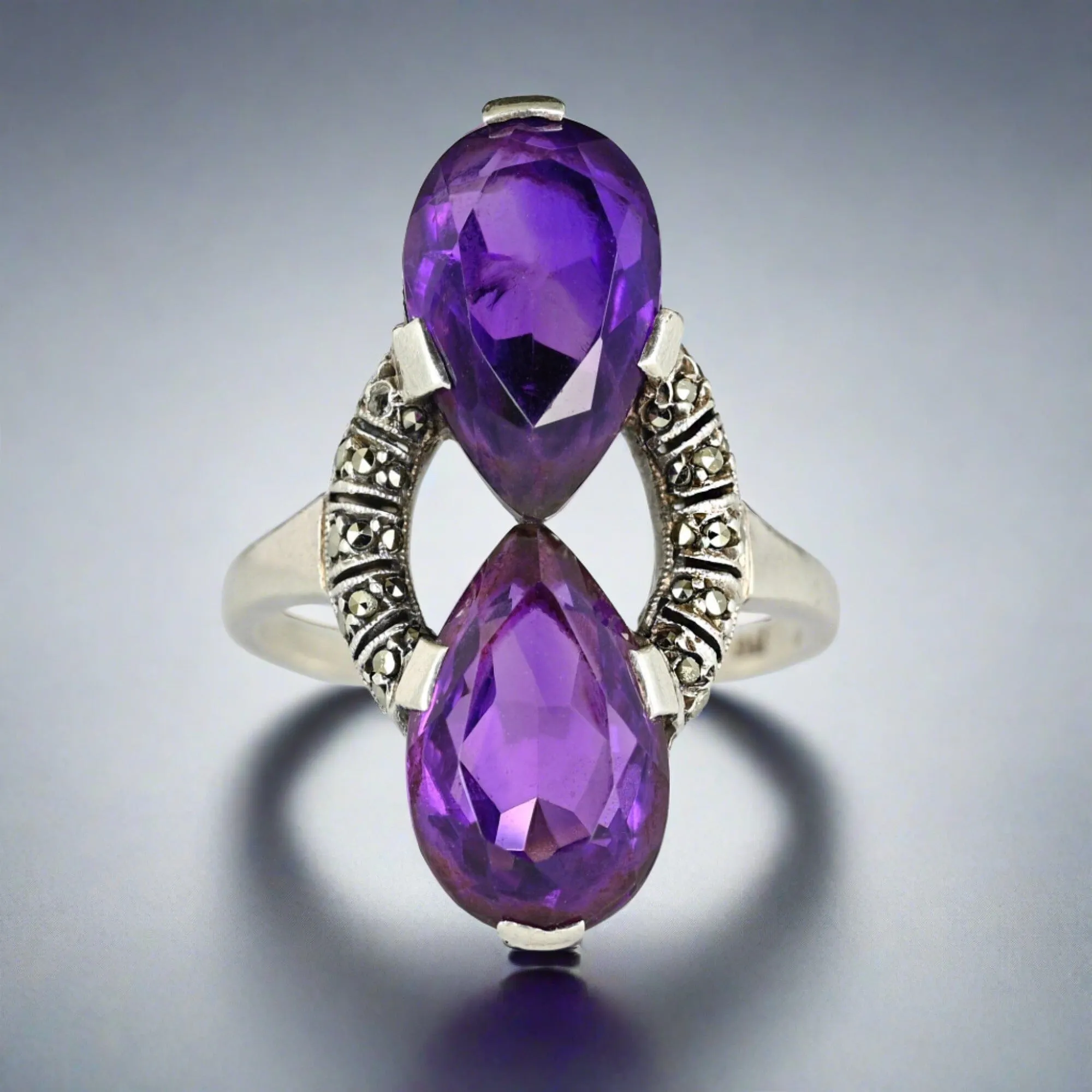 Fine 935 Silver Marcasite Pear Cut Amethyst Ring