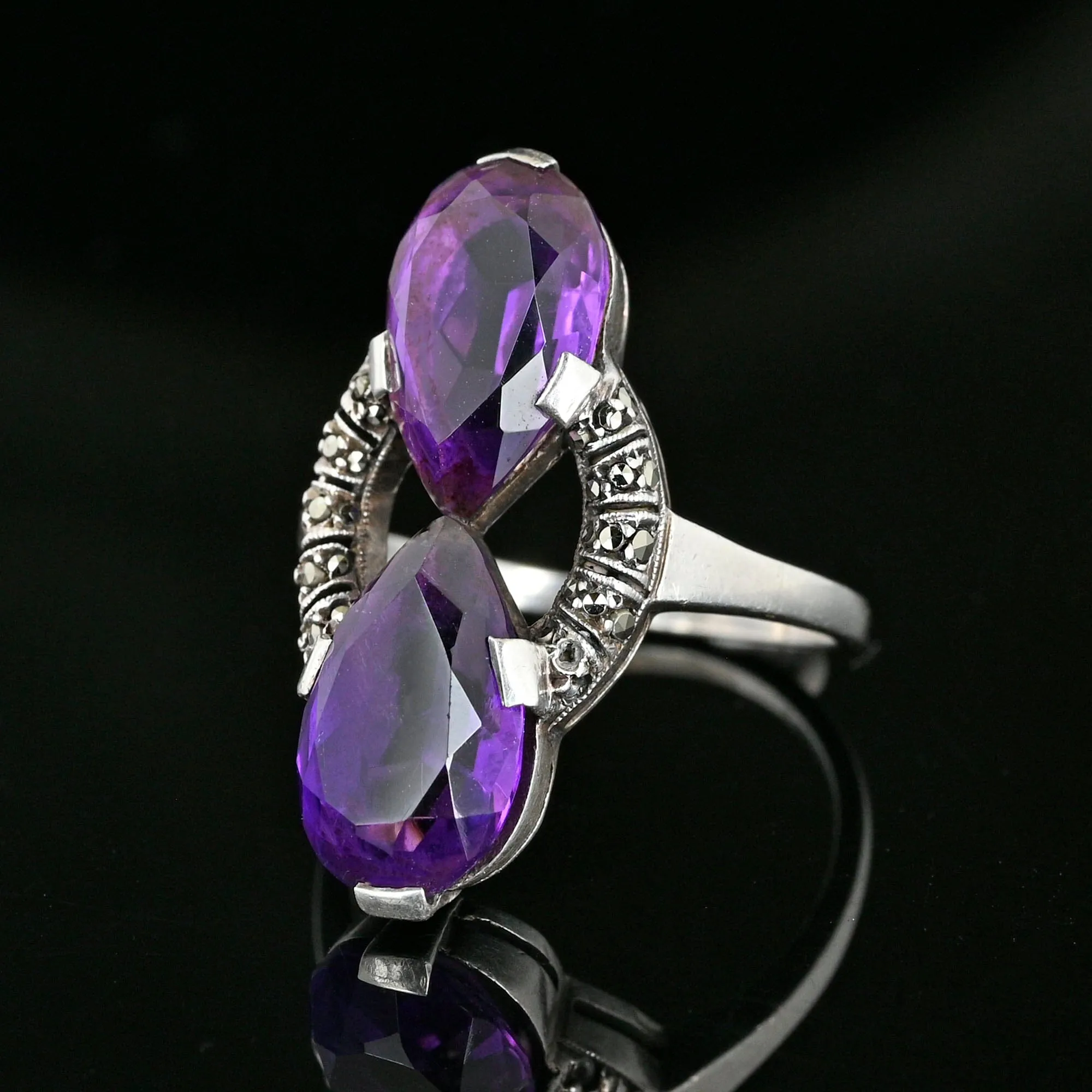 Fine 935 Silver Marcasite Pear Cut Amethyst Ring