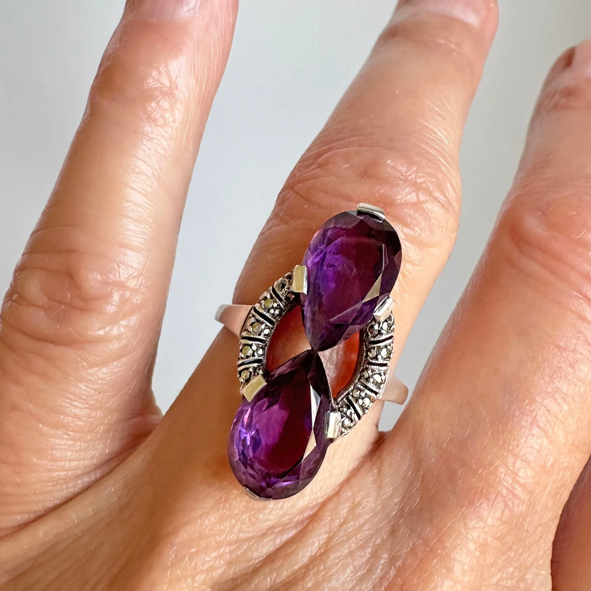 Fine 935 Silver Marcasite Pear Cut Amethyst Ring