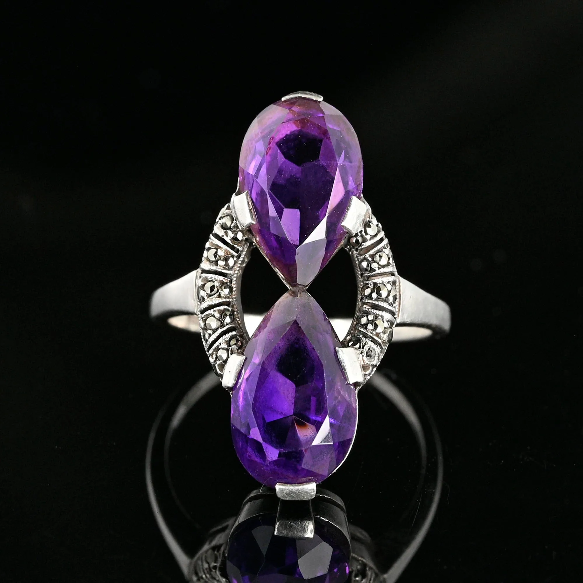 Fine 935 Silver Marcasite Pear Cut Amethyst Ring