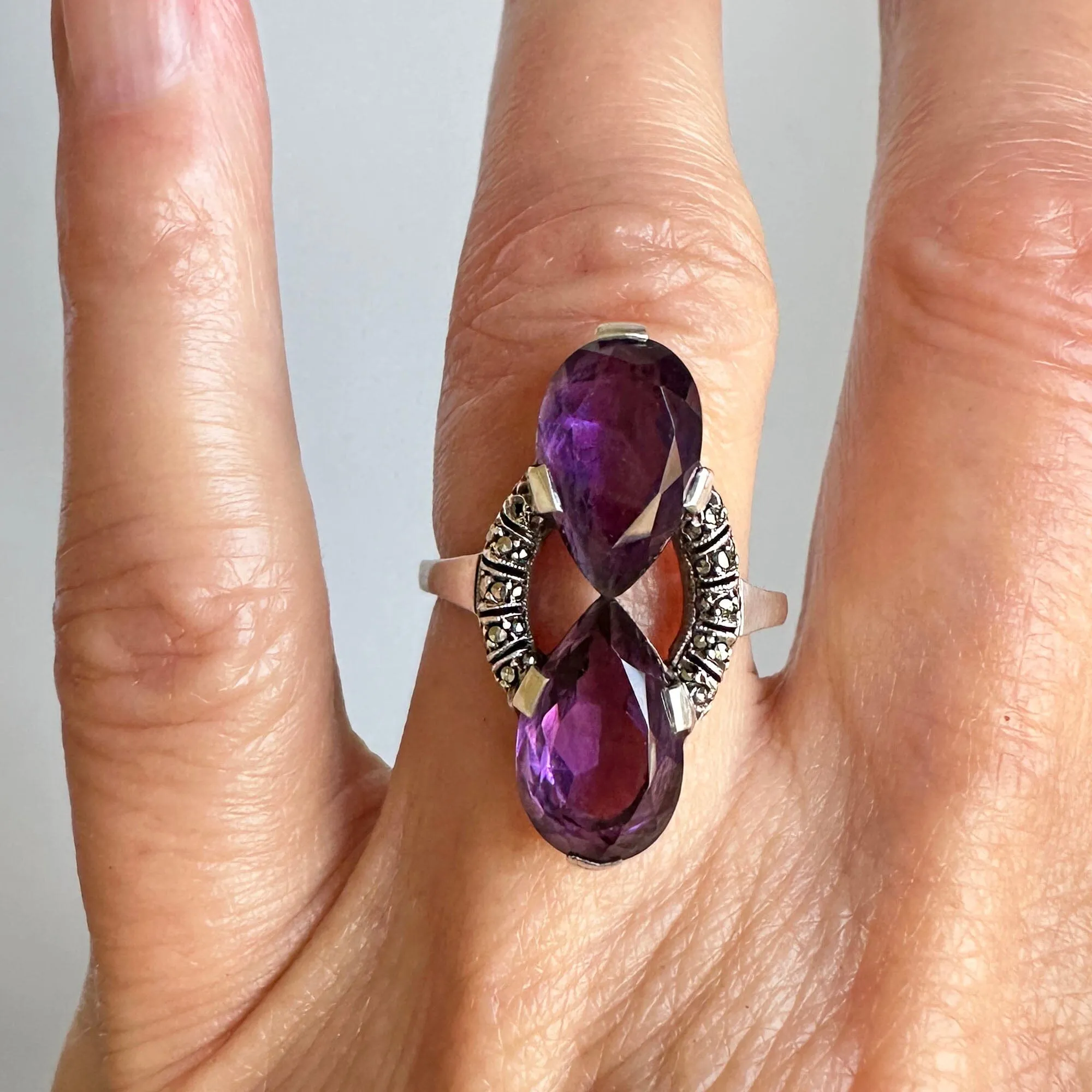 Fine 935 Silver Marcasite Pear Cut Amethyst Ring