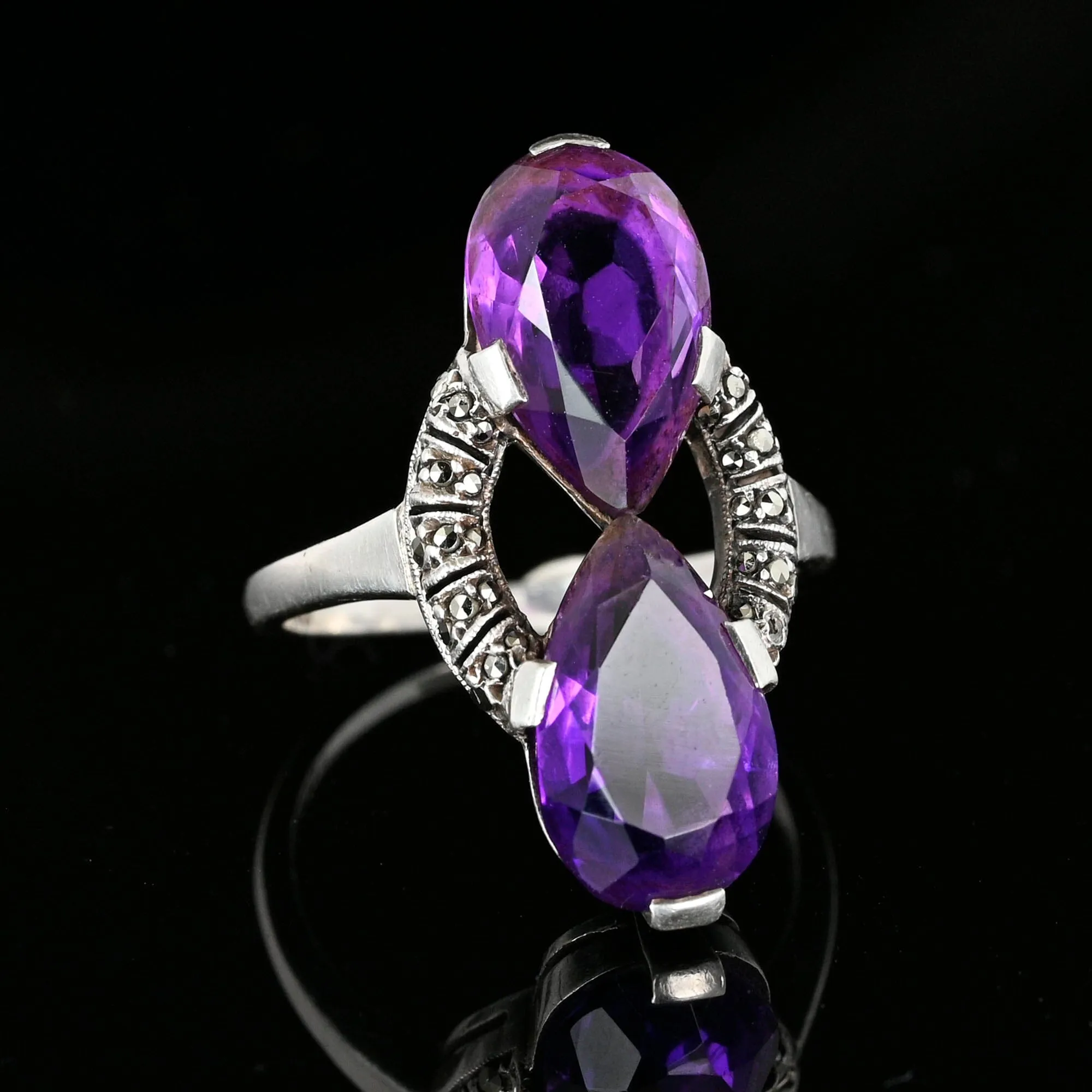 Fine 935 Silver Marcasite Pear Cut Amethyst Ring