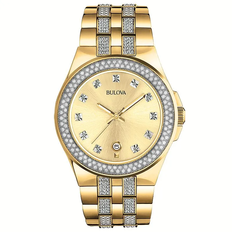 GENTS GOLD-TONE BULOVA WATCH WITH 210 SWAROVSKI CRYSTALS