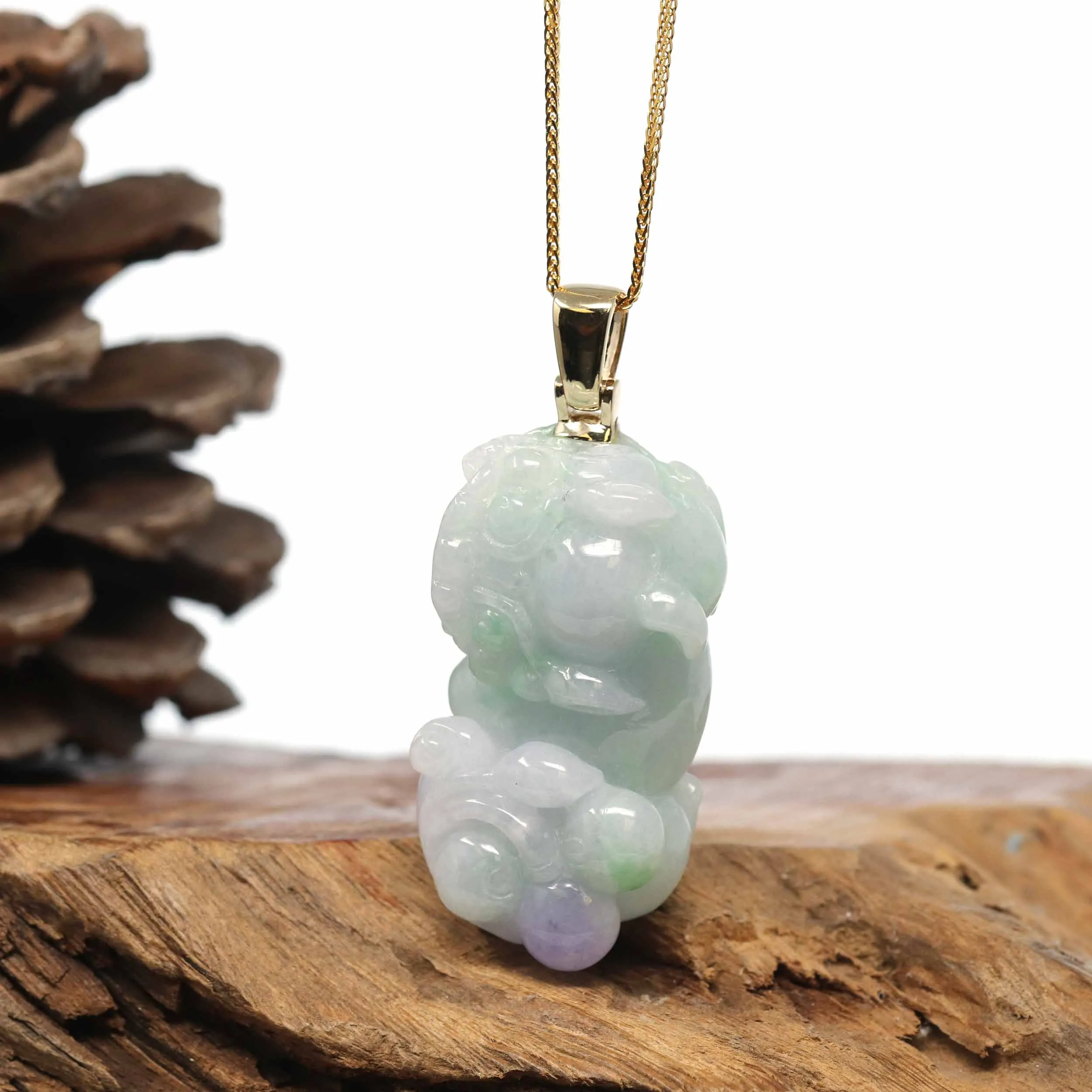 Genuine Burmese Lavender-Green Jadeite Jade PiXiu Pendant Necklace With 14K Gold Bail