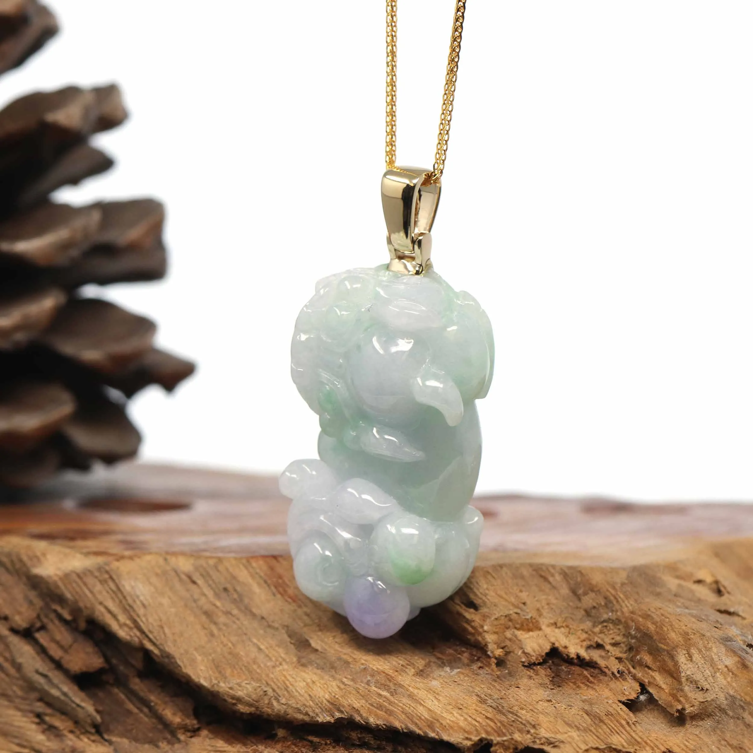 Genuine Burmese Lavender-Green Jadeite Jade PiXiu Pendant Necklace With 14K Gold Bail