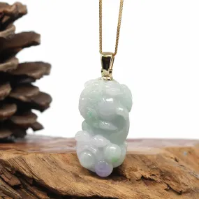 Genuine Burmese Lavender-Green Jadeite Jade PiXiu Pendant Necklace With 14K Gold Bail