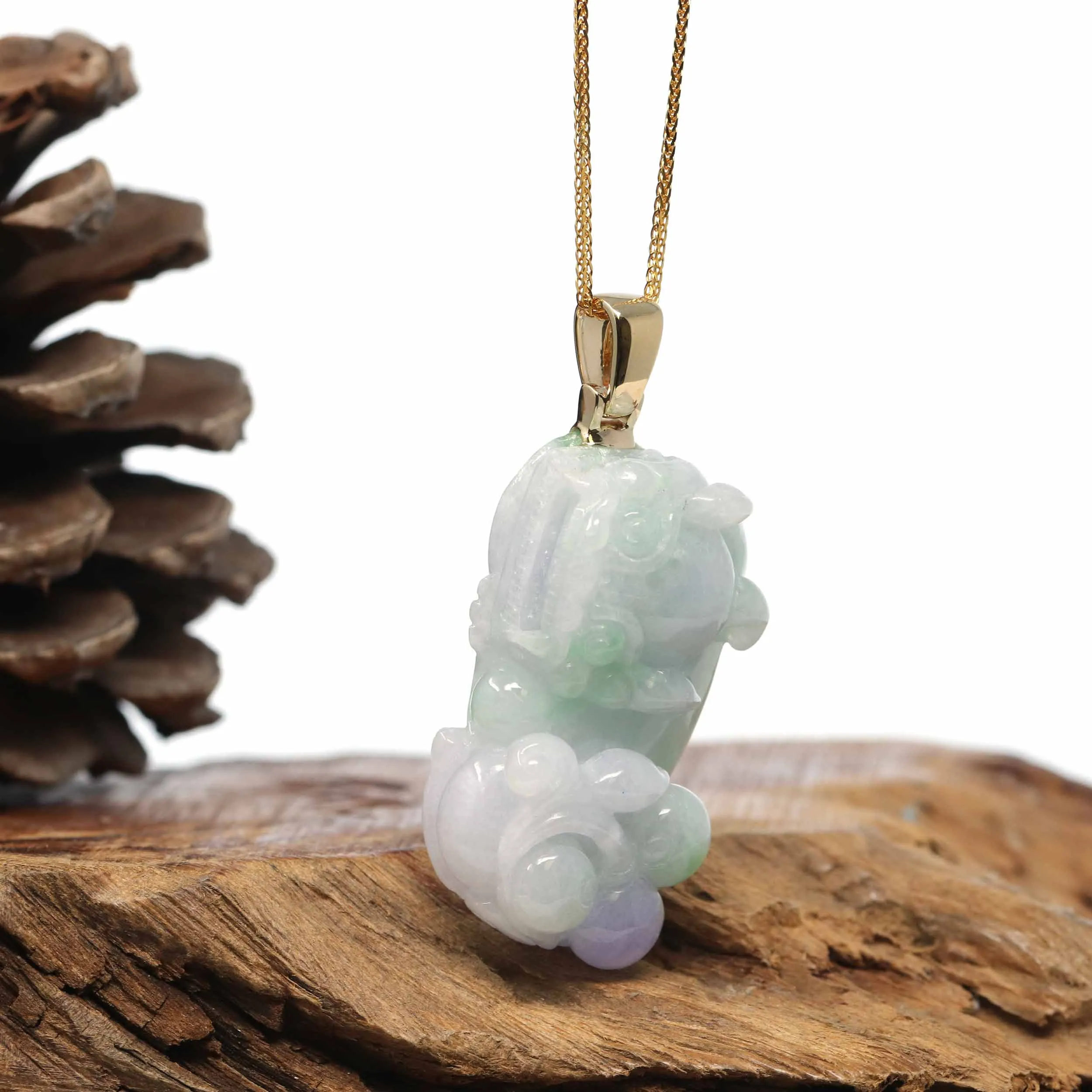 Genuine Burmese Lavender-Green Jadeite Jade PiXiu Pendant Necklace With 14K Gold Bail