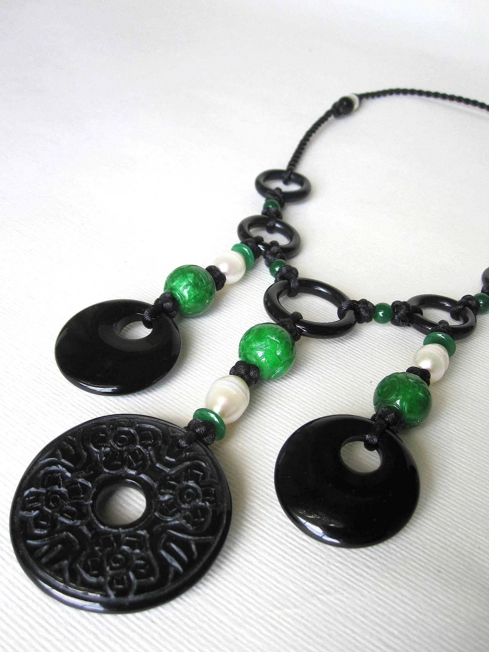 Green Carved Jade, Black Agate Carved Discs, Fresh Water Pearls, Black Chinese Knots Necklace