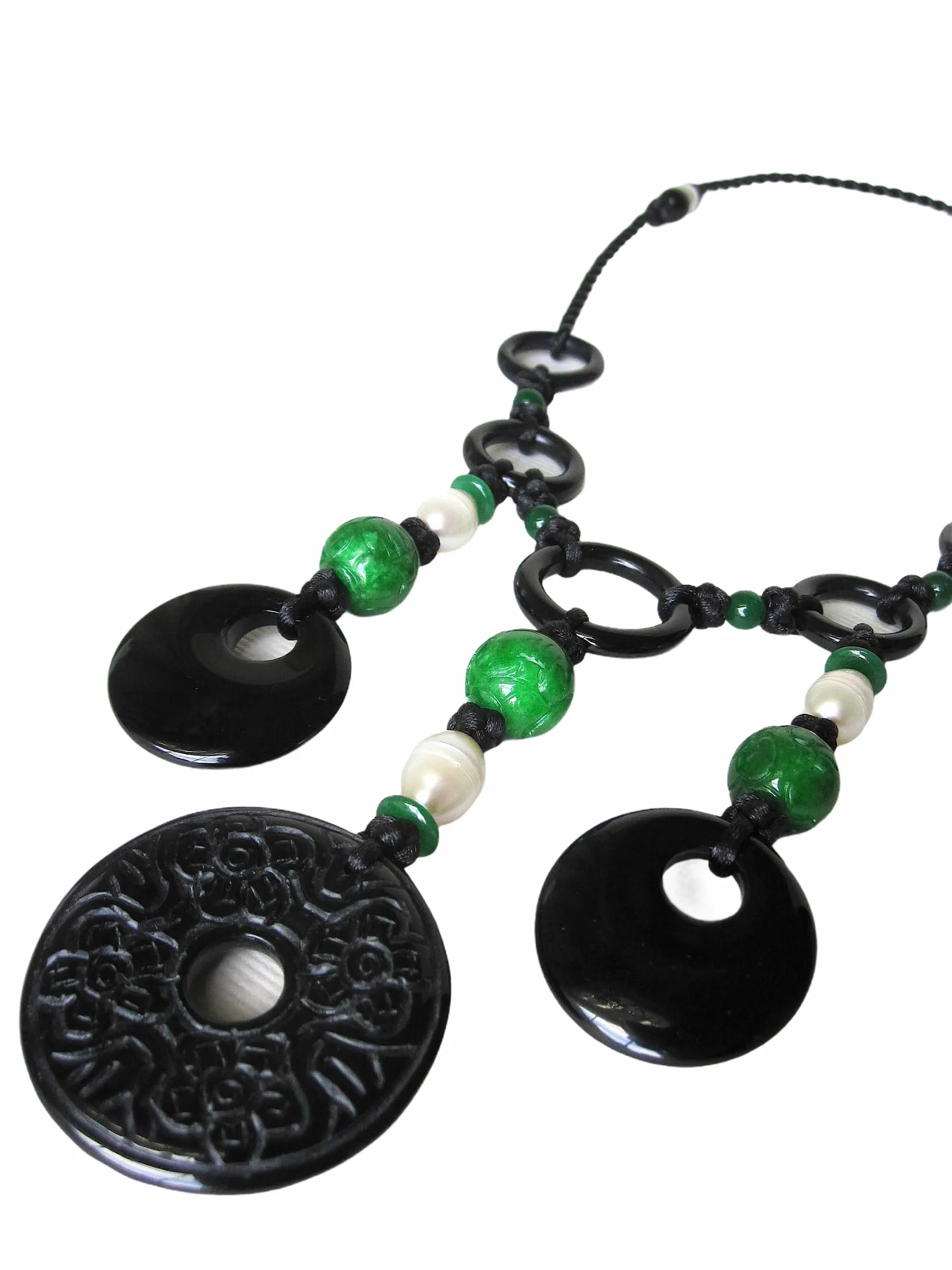 Green Carved Jade, Black Agate Carved Discs, Fresh Water Pearls, Black Chinese Knots Necklace