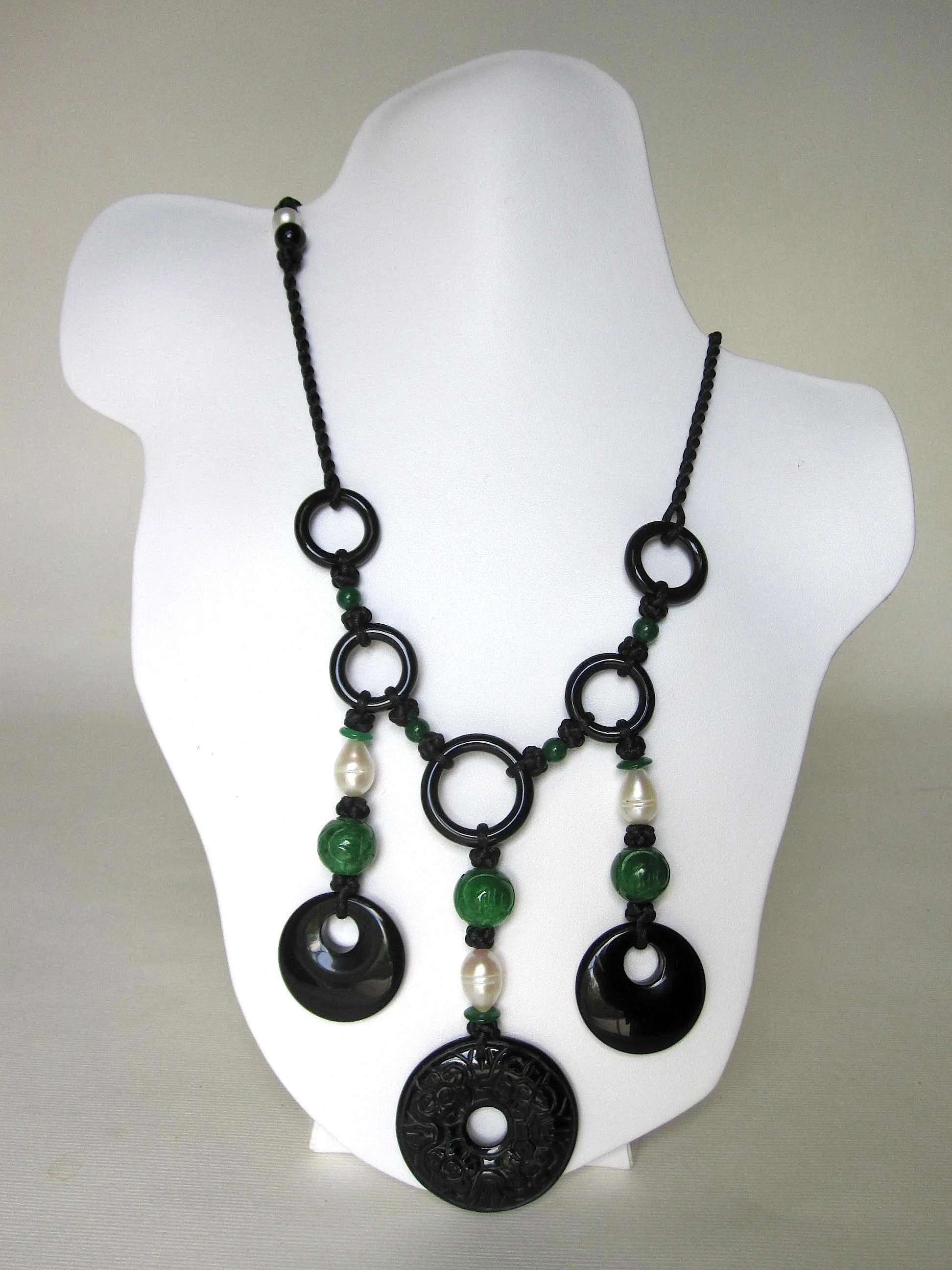 Green Carved Jade, Black Agate Carved Discs, Fresh Water Pearls, Black Chinese Knots Necklace