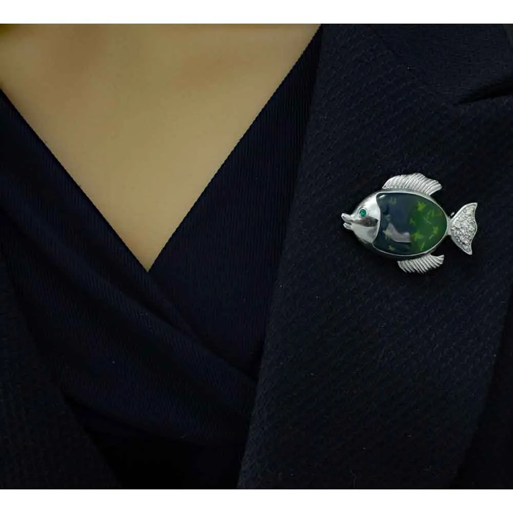 Green Fish with Clear Crystals Brooch Pin - PRS412