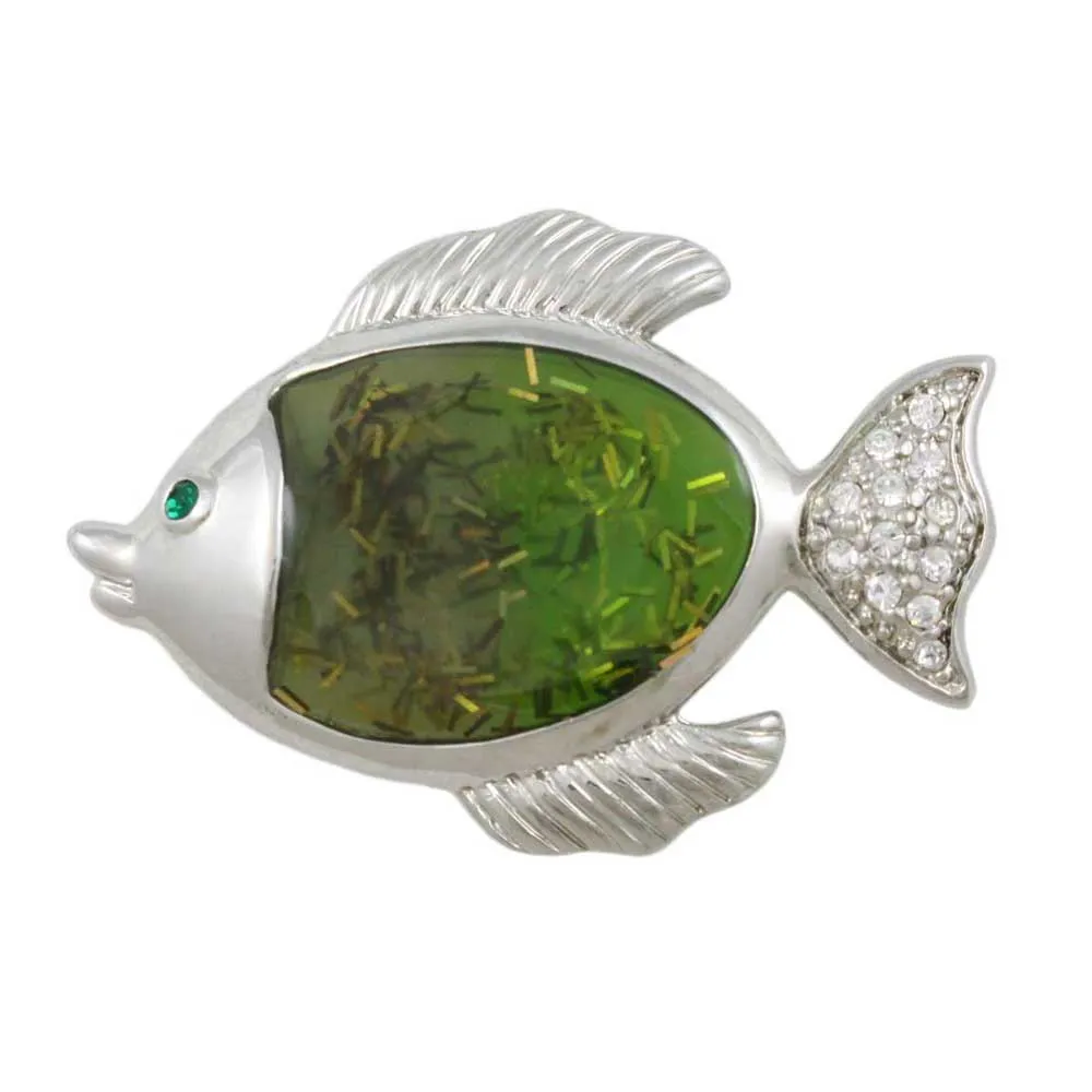 Green Fish with Clear Crystals Brooch Pin - PRS412