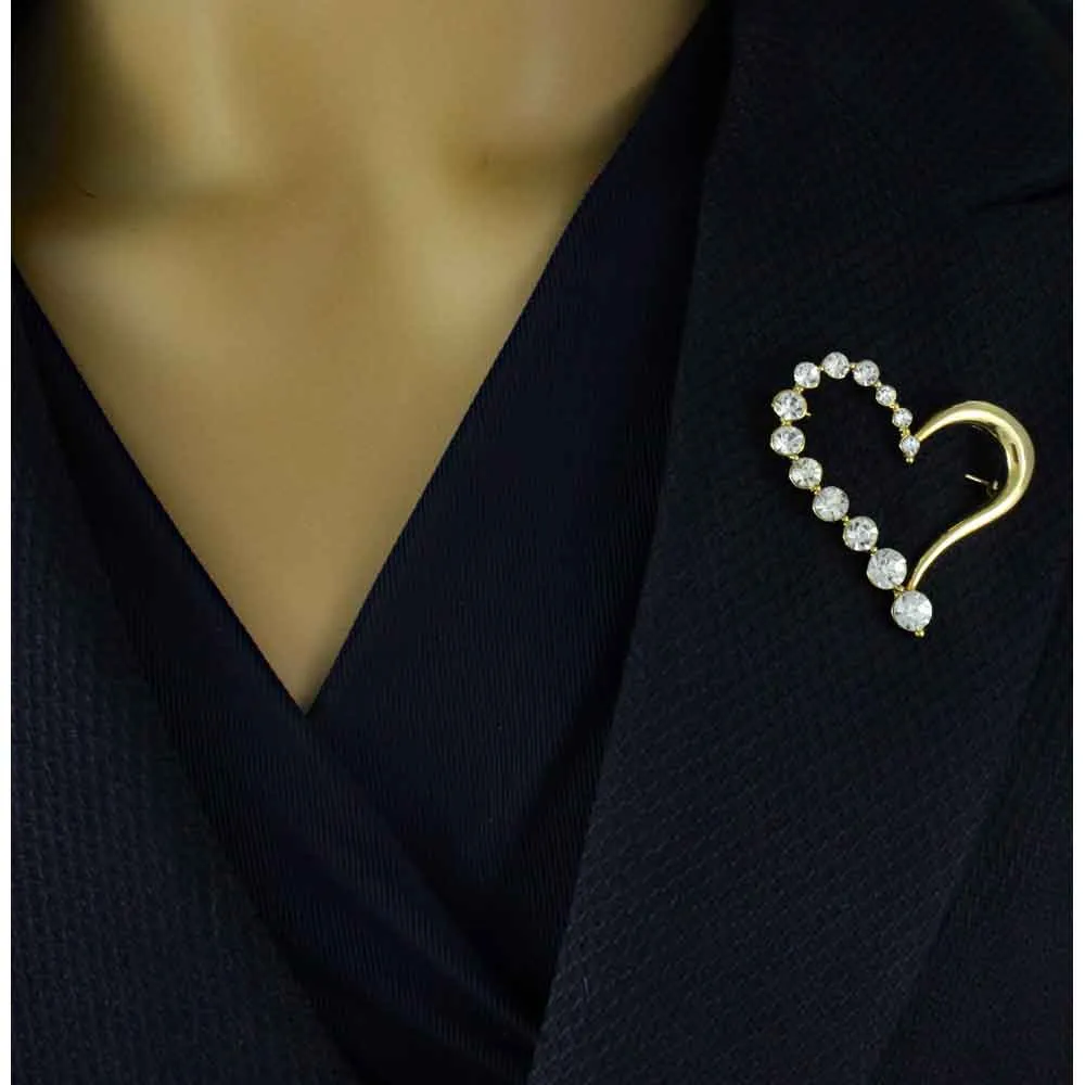 Half Gold Half Crystal Open Heart Brooch Pin - PRH401