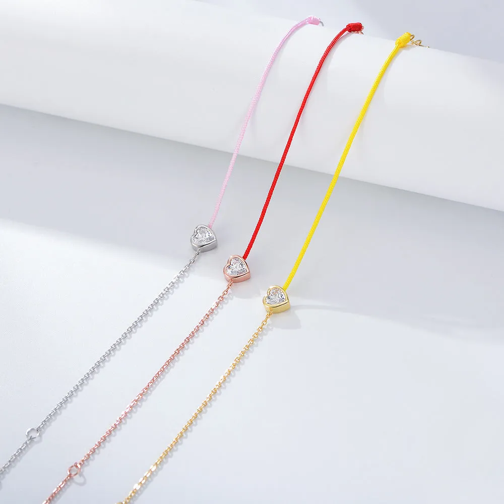 Heart-shaped Zircon Splice Red Rope Silver Bracelet  for Women