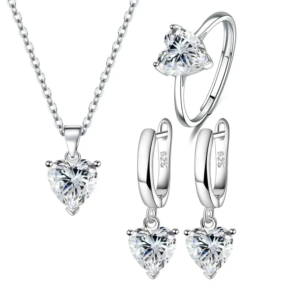 Heart Zircon 925 Sterling Silver Jewelry Set - Ring, Earrings & Necklace