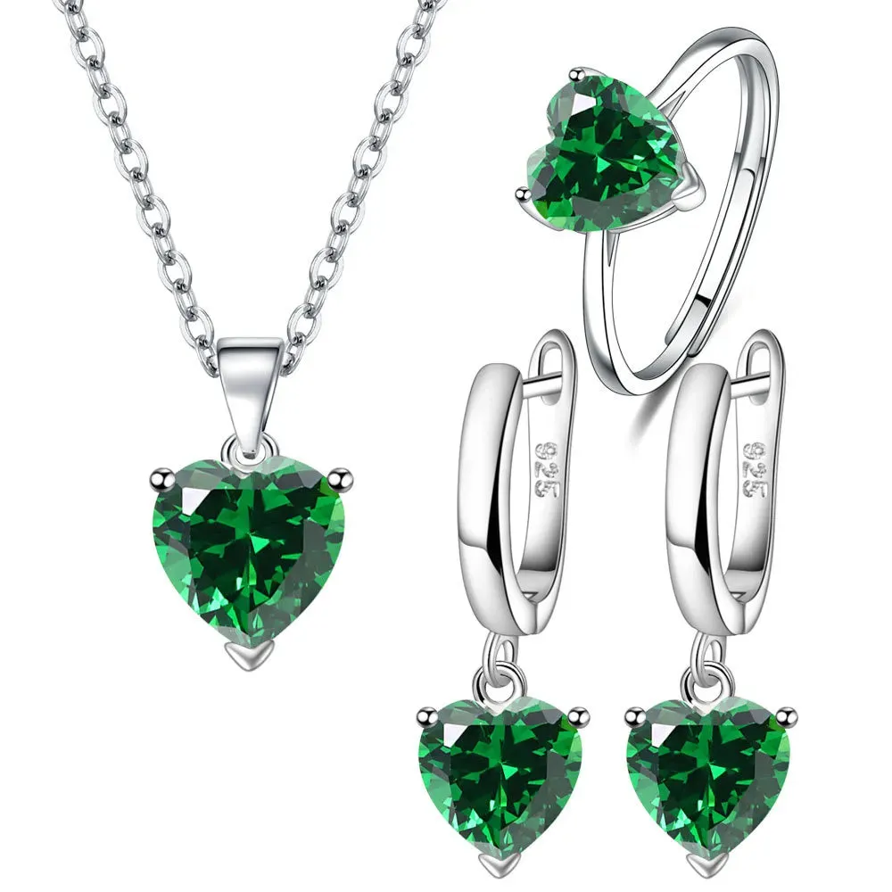 Heart Zircon 925 Sterling Silver Jewelry Set - Ring, Earrings & Necklace