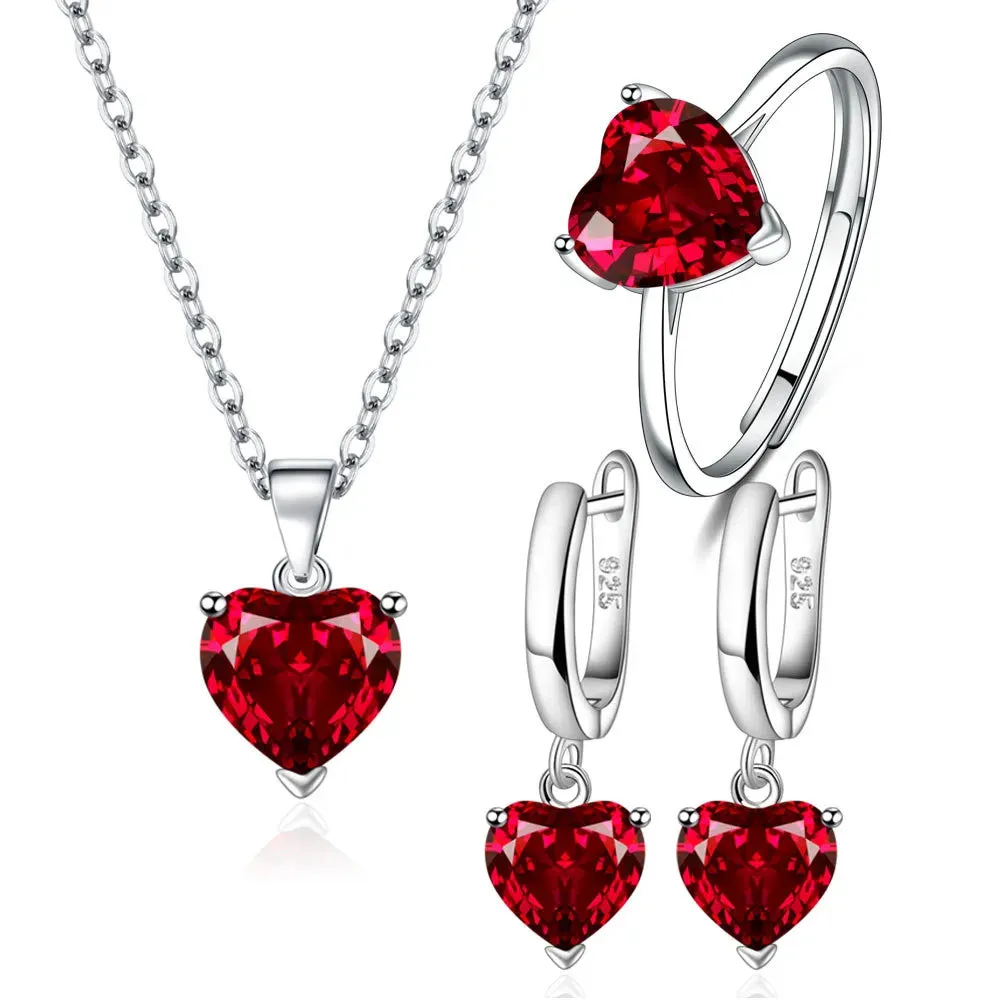 Heart Zircon 925 Sterling Silver Jewelry Set - Ring, Earrings & Necklace