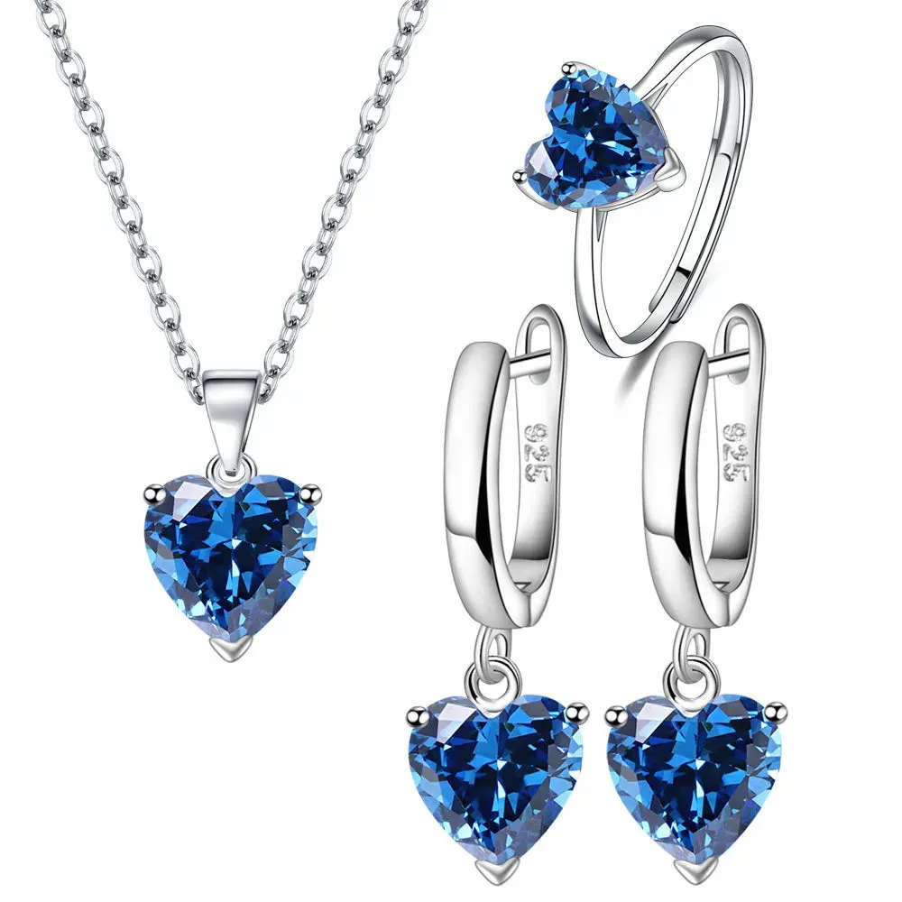 Heart Zircon 925 Sterling Silver Jewelry Set - Ring, Earrings & Necklace