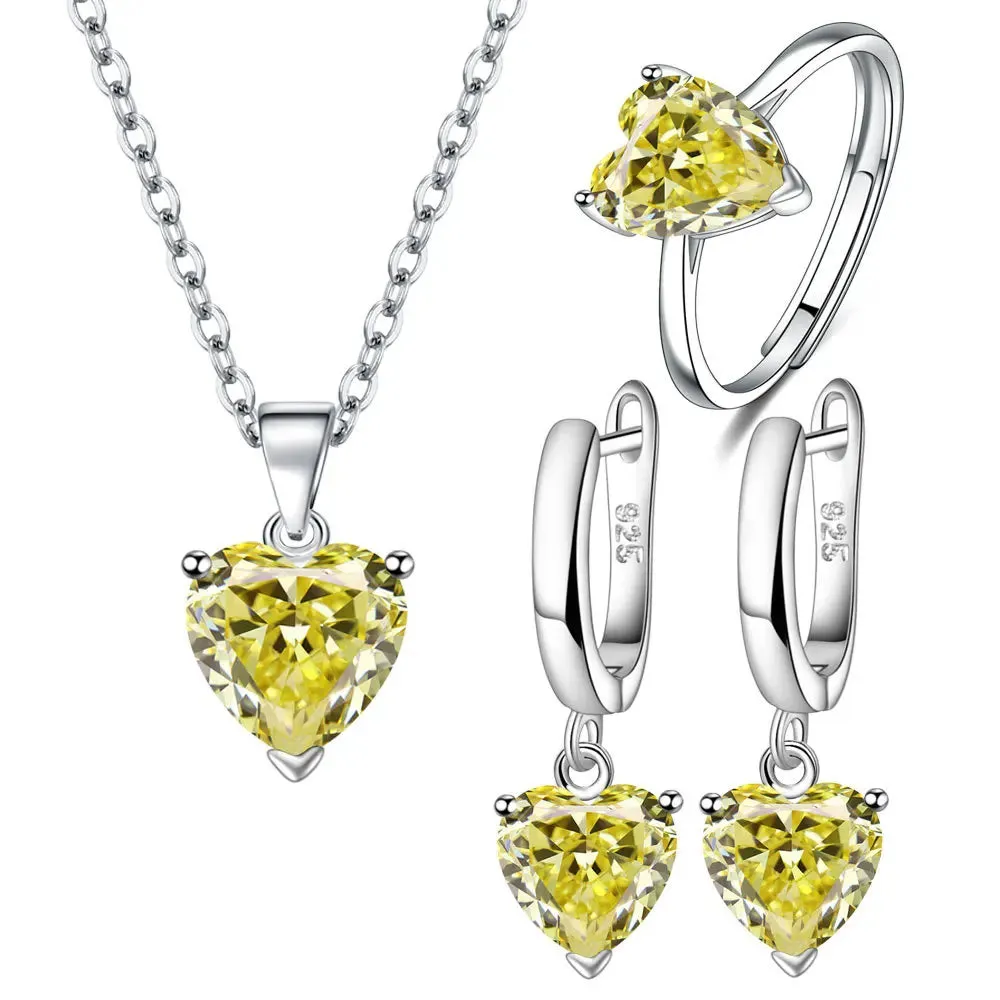 Heart Zircon 925 Sterling Silver Jewelry Set - Ring, Earrings & Necklace