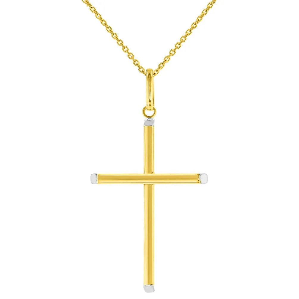 High Polished 14K Two-Tone Gold Plain Slender Cross Pendant with Chain Necklace