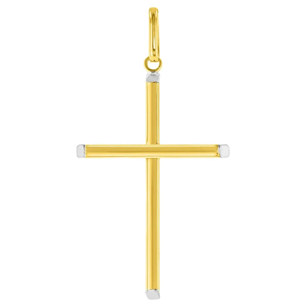 High Polished 14K Two-Tone Gold Plain Slender Cross Pendant with Chain Necklace