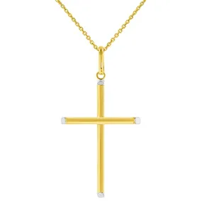 High Polished 14K Two-Tone Gold Plain Slender Cross Pendant with Chain Necklace