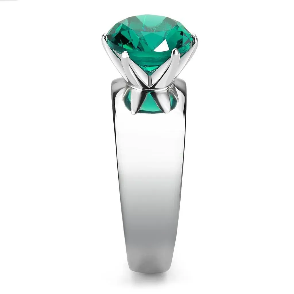 High polished (no plating) Stainless Steel Ring with Synthetic Synthetic Glass in Blue Zircon for Women Style TK52012