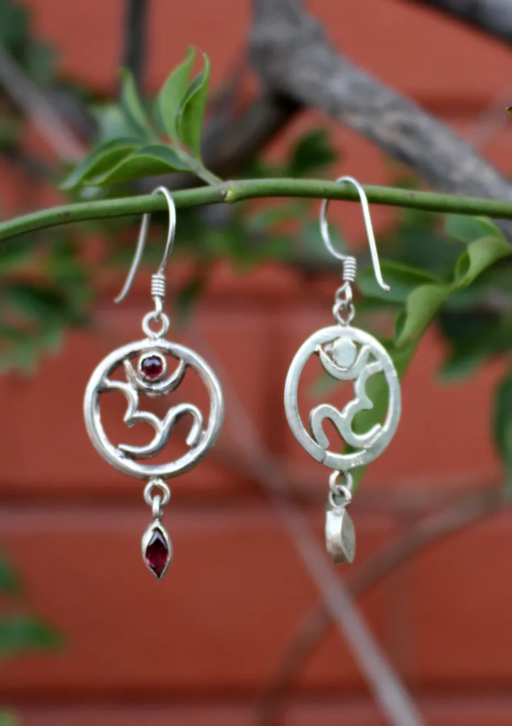 Hindu Om in a Circle Silver Sterling Drop Earrings