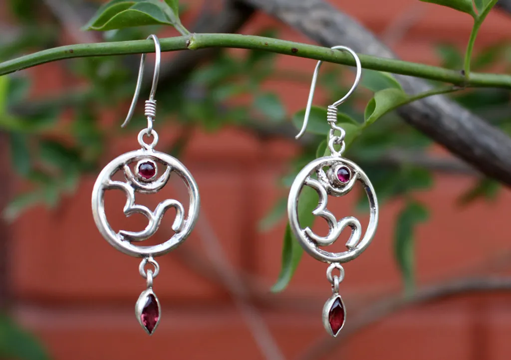 Hindu Om in a Circle Silver Sterling Drop Earrings