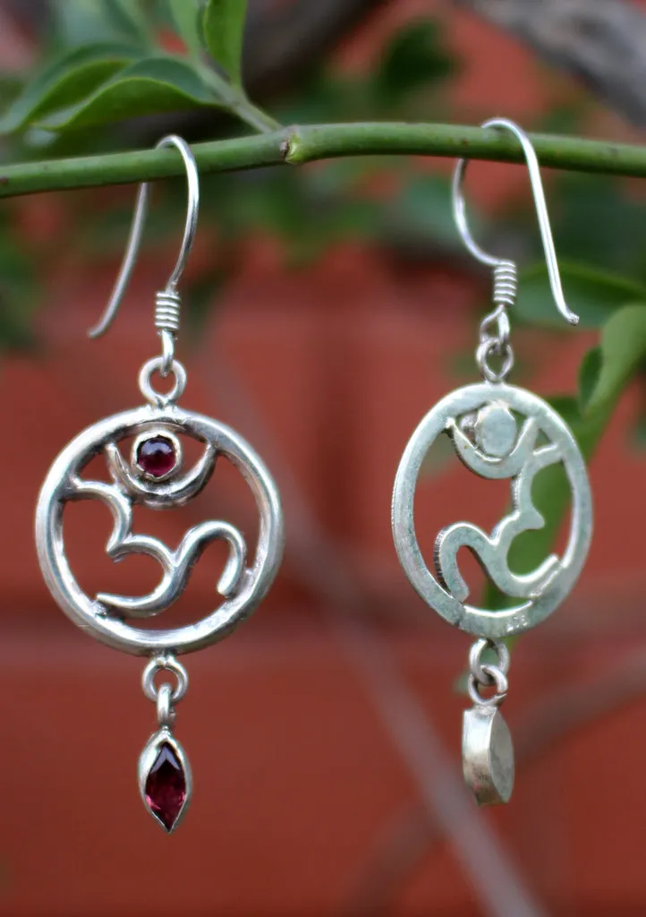 Hindu Om in a Circle Silver Sterling Drop Earrings
