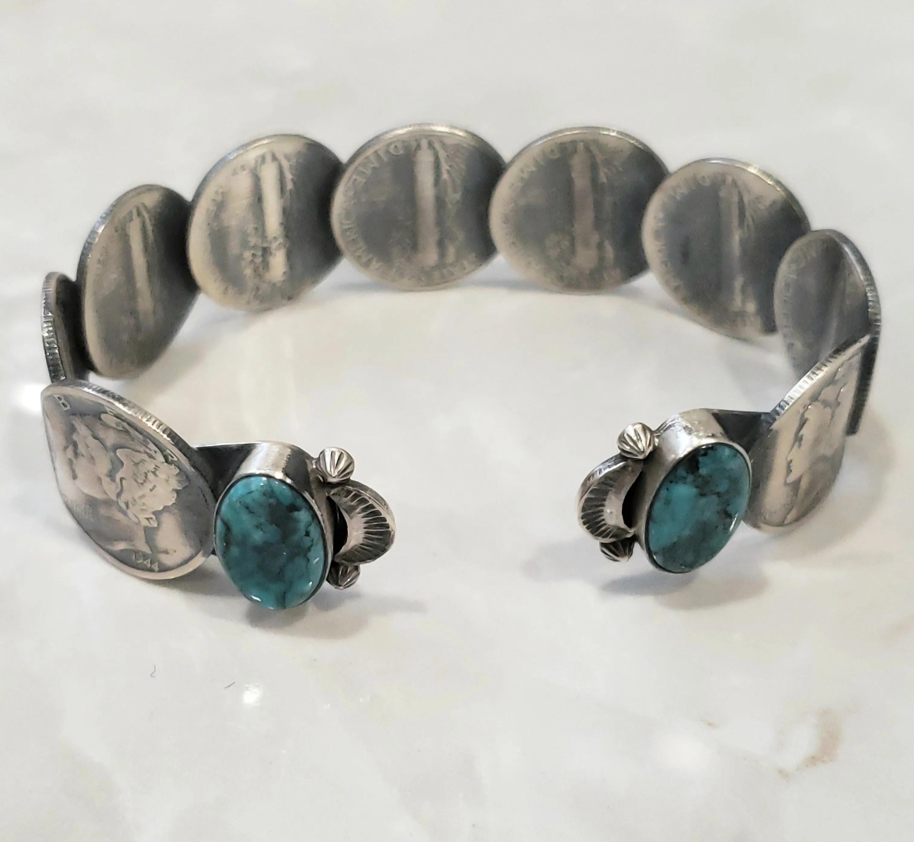 James McCabe Turquoise Mercury Dime Coin Cuff Bracelet Sterling Silver Navajo