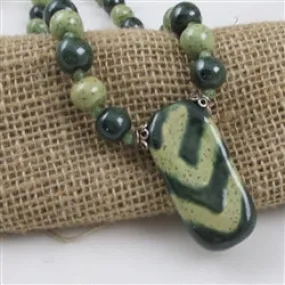 Kazuri Pendant Necklace in Dark Green & Light  Green African Beads