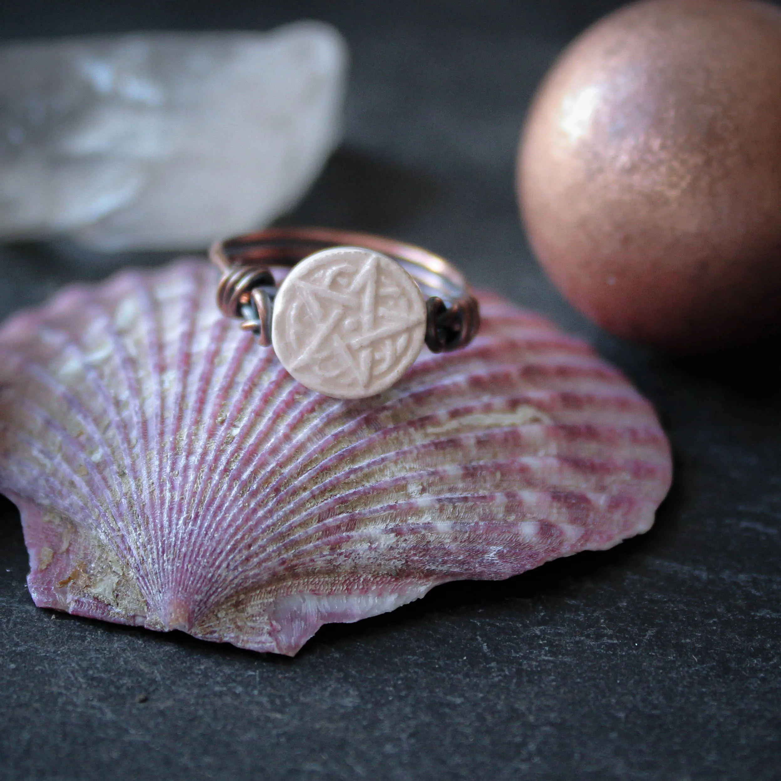 Kitchen Witches White Pentagram Ring in Wire Wrapped Copper. Size US 7 UK N.
