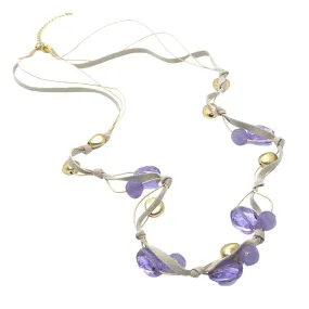 Lavender Jade And Crystal With Matte Gold Accents Leather and Suede Long Necklace