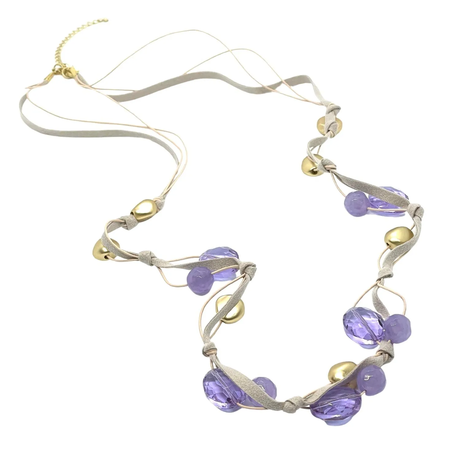 Lavender Jade And Crystal With Matte Gold Accents Leather and Suede Long Necklace
