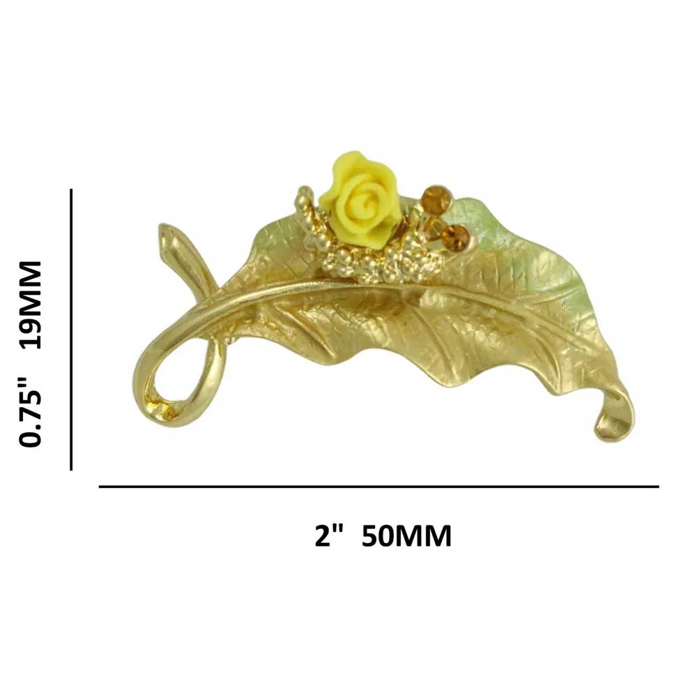 Leaf with Yellow Rose and Crystal Snail Brooch Pin - PRL739