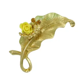 Leaf with Yellow Rose and Crystal Snail Brooch Pin - PRL739