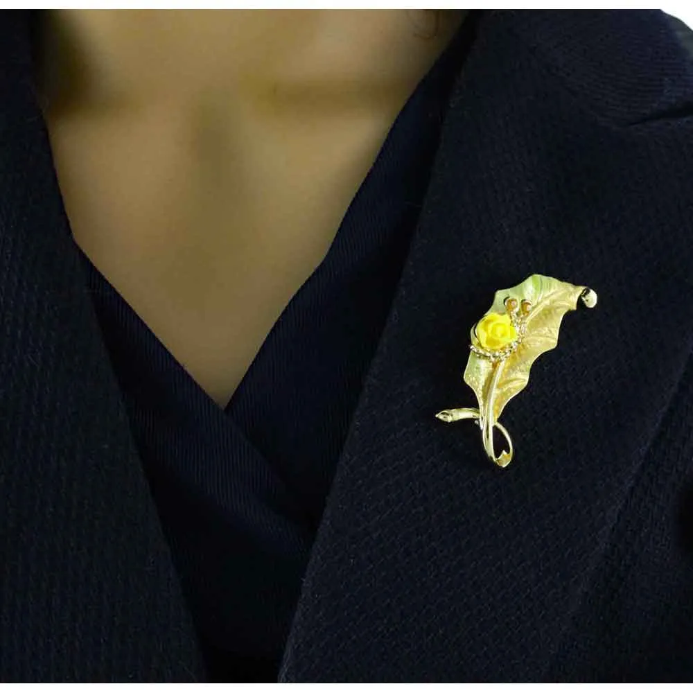 Leaf with Yellow Rose and Crystal Snail Brooch Pin - PRL739