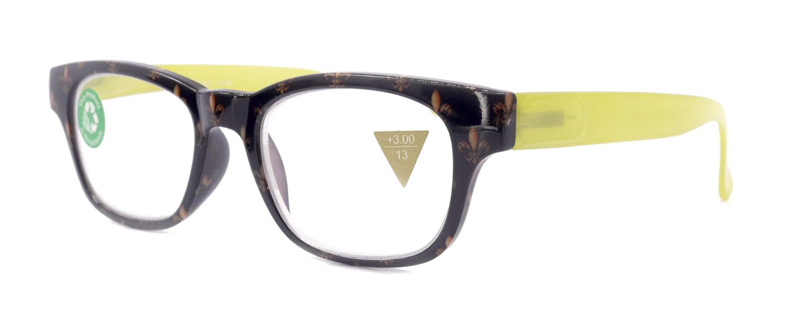 Lilly, (Premium) Reading Glasses (Fleur De Lis)  1 ..  3 Magnifying, Fashion Square Optical Frame. (Green, Gold, Black) NY Fifth Avenue.