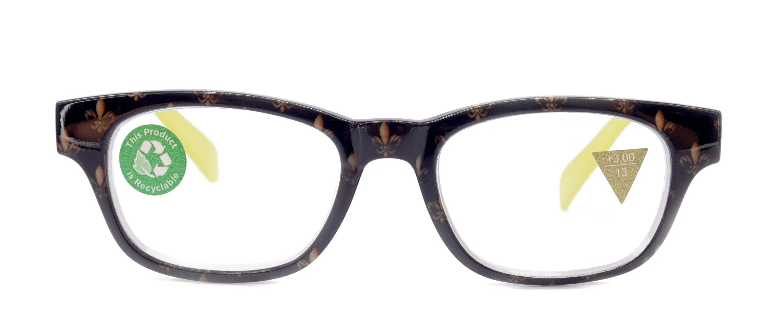 Lilly, (Premium) Reading Glasses (Fleur De Lis)  1 ..  3 Magnifying, Fashion Square Optical Frame. (Green, Gold, Black) NY Fifth Avenue.