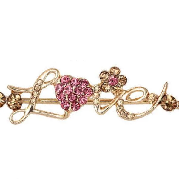 Love, Heart & Flower Rhinestone Brooch Pin