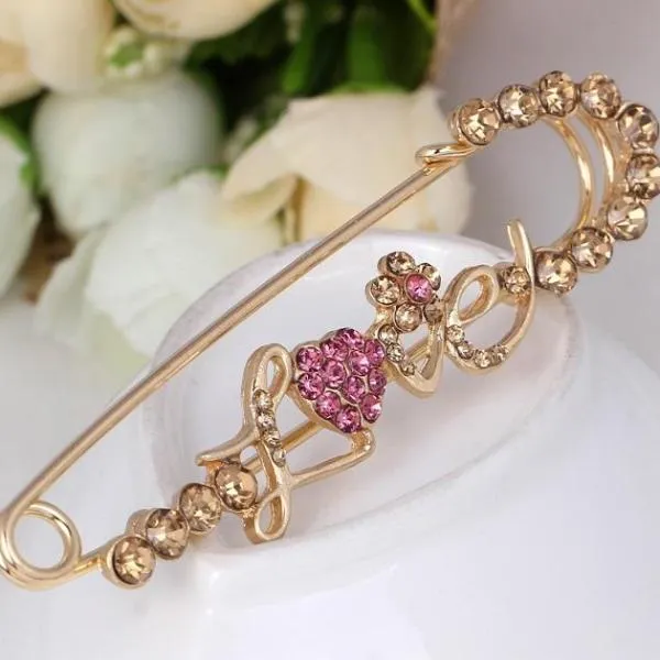 Love, Heart & Flower Rhinestone Brooch Pin