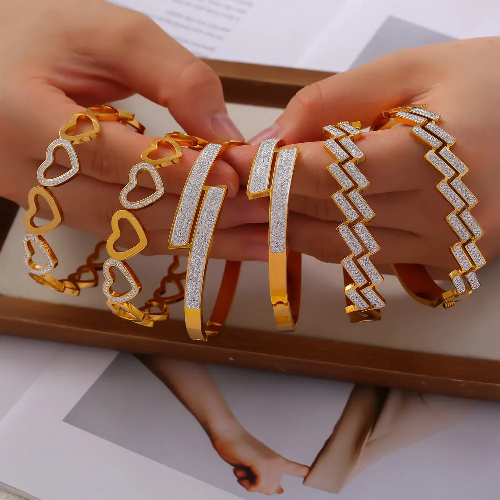 Luxurious Multi-Layer Hollow Gold-Plated Titanium Steel Bracelet with Geometric Zircon Design