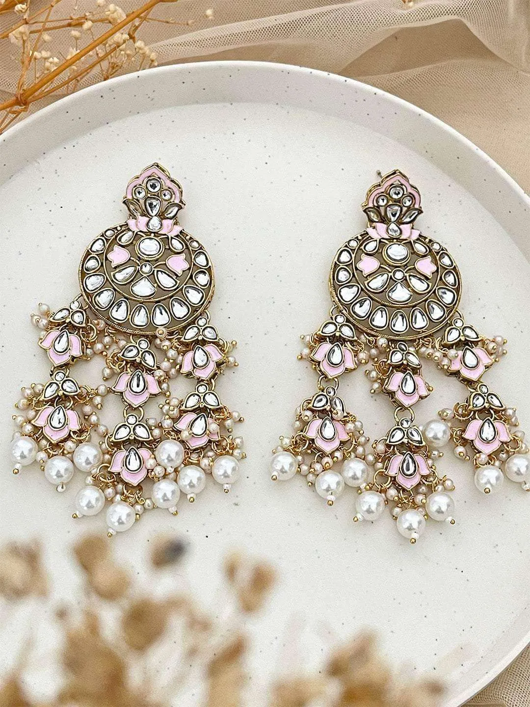 Meenakari And Kundan Work Chandbali Earrings