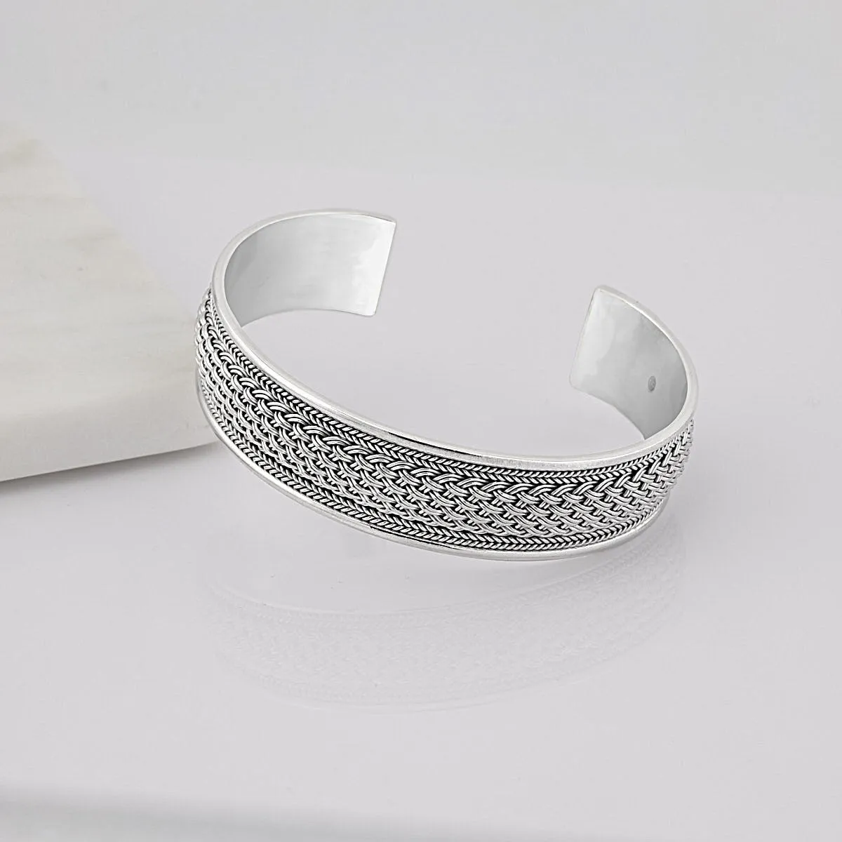 Men's Chunky 925 Sterling Silver Braided Cuff Bangle Bracelet | Bold Silver Jewelry