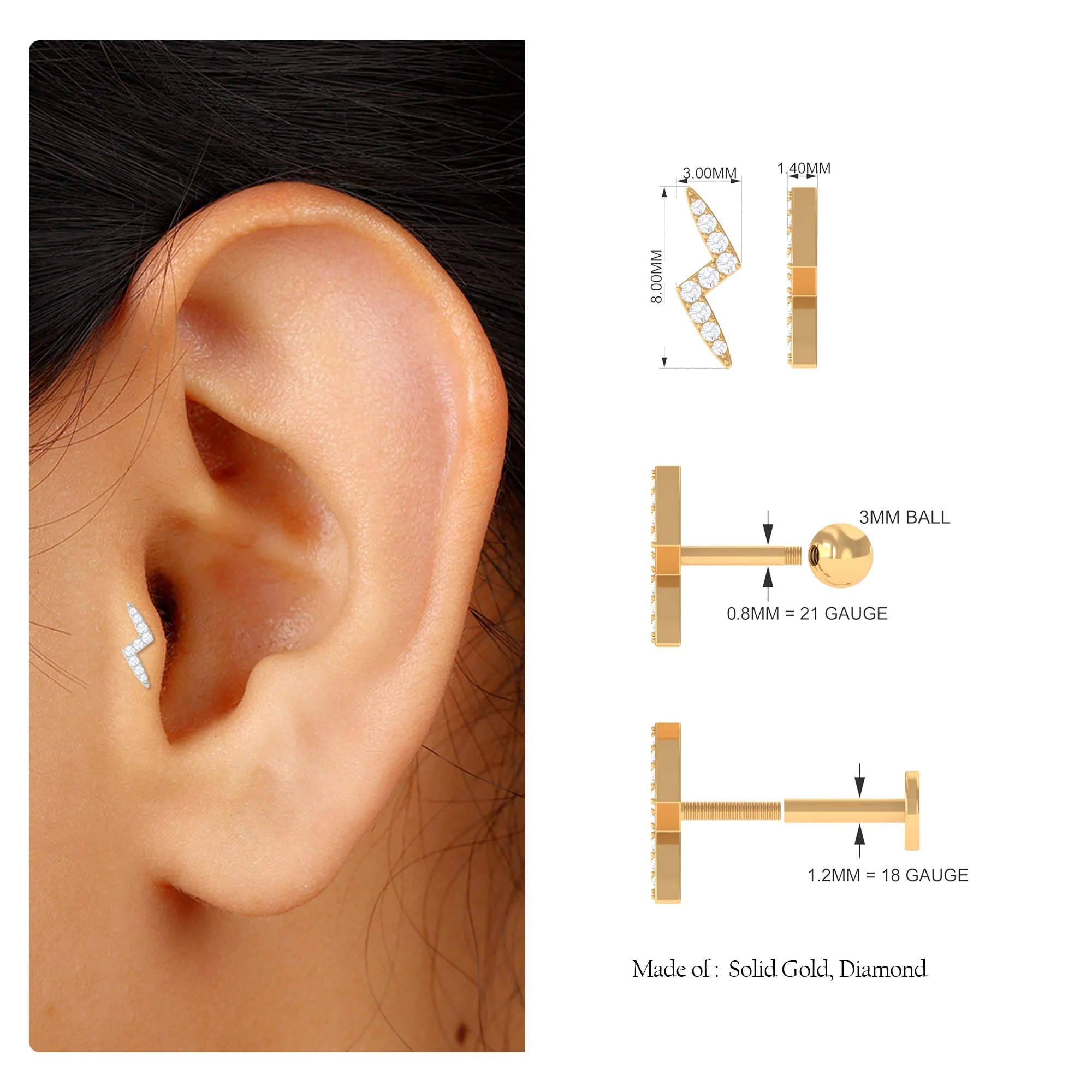 Minimal Diamond Lightning Bolt Earring for Helix Piercing