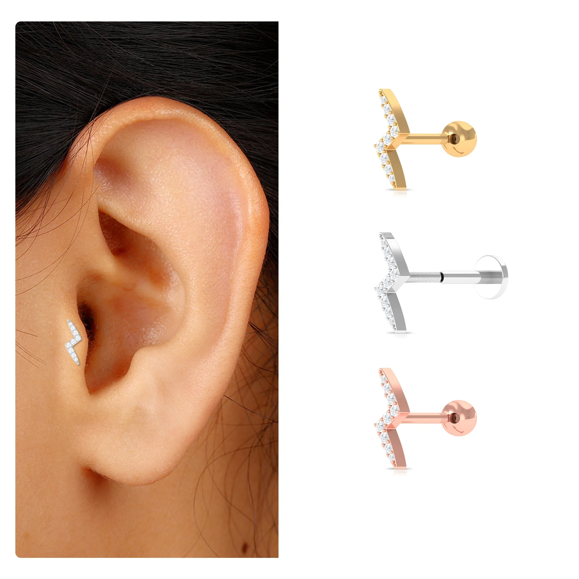 Minimal Diamond Lightning Bolt Earring for Helix Piercing