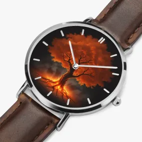 Montre à quartz avec bracelet en cuir ultra-fin (argent avec indicateurs) "Arbre rouge" (165)