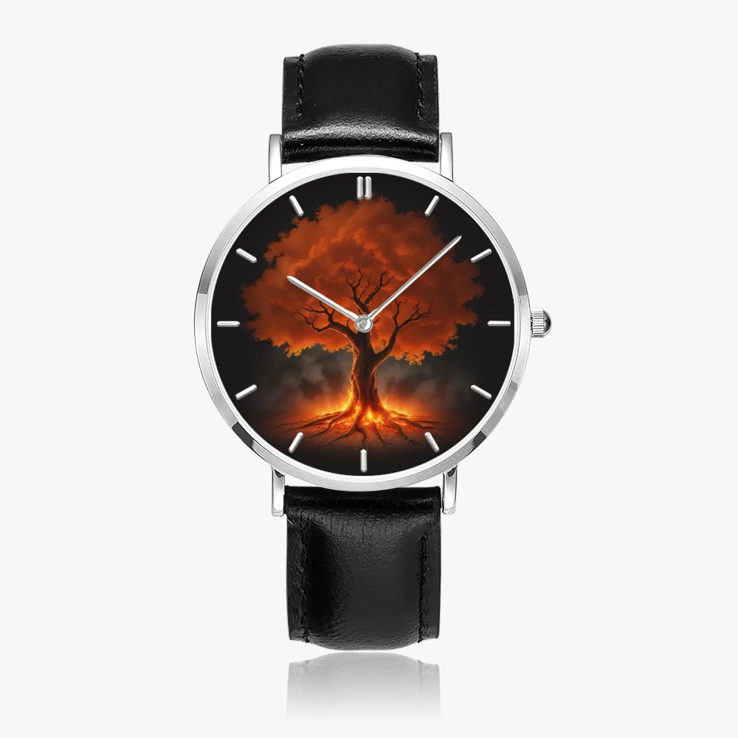 Montre à quartz avec bracelet en cuir ultra-fin (argent avec indicateurs) "Arbre rouge" (165)